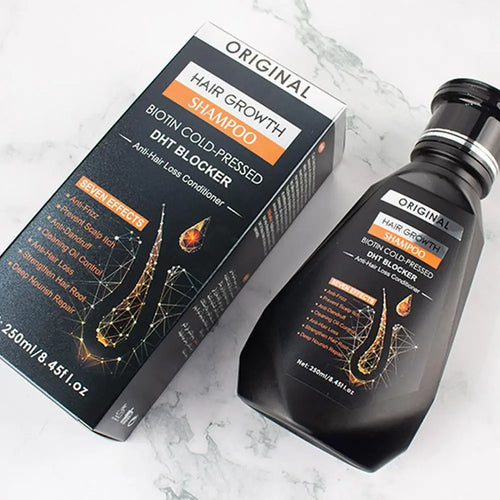 Hair growth shampoo bottle and carton box, black label with orange accents