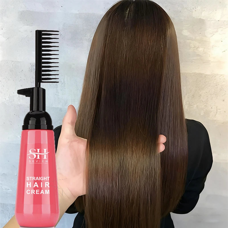 Sevich keratin straightening cream bottle with comb, pink container, held in front of long straight brown hair