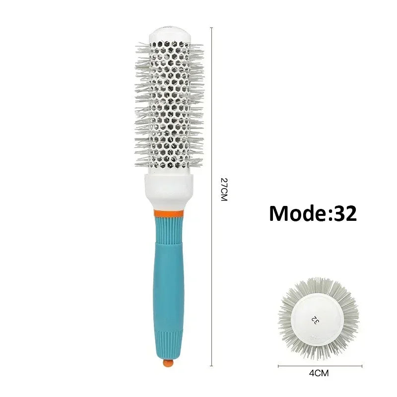 Hair styling brush with round barrel, silver bristles, teal handle, medium head size