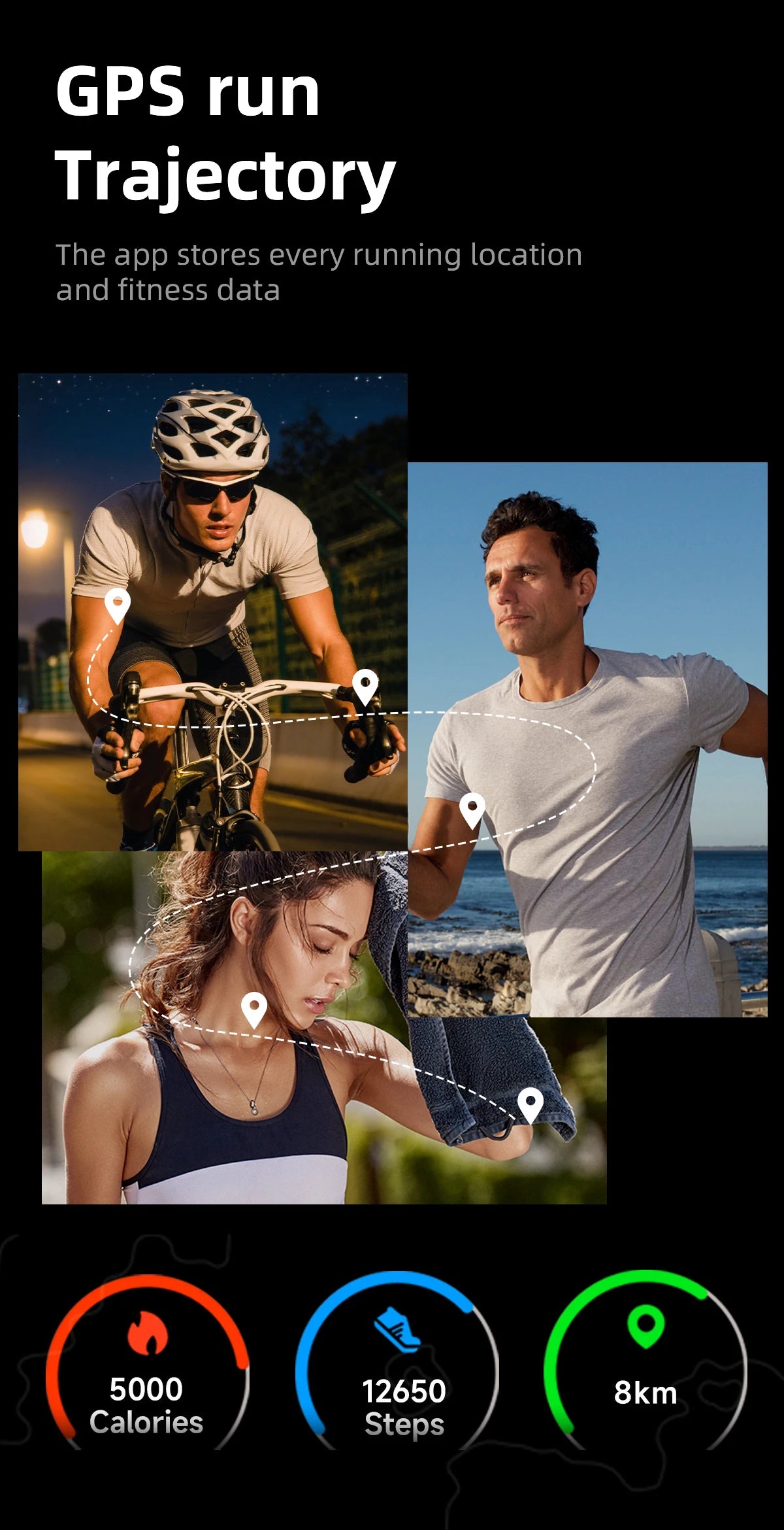 Black fitness bracelet on runners’ wrists with activity and health stats overlay