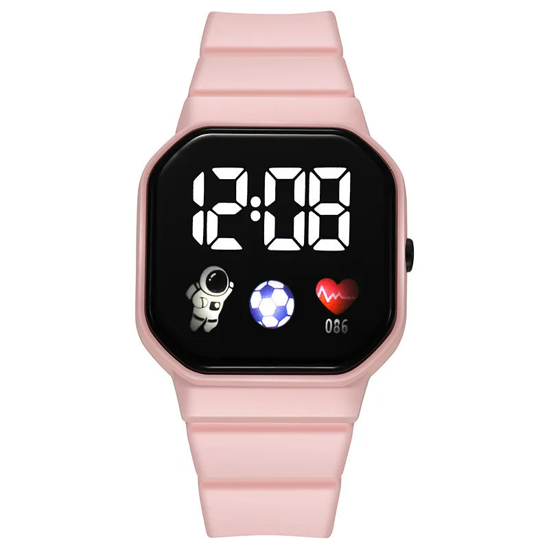 Kids LED digital sports watch with light pink silicone strap and black LED display