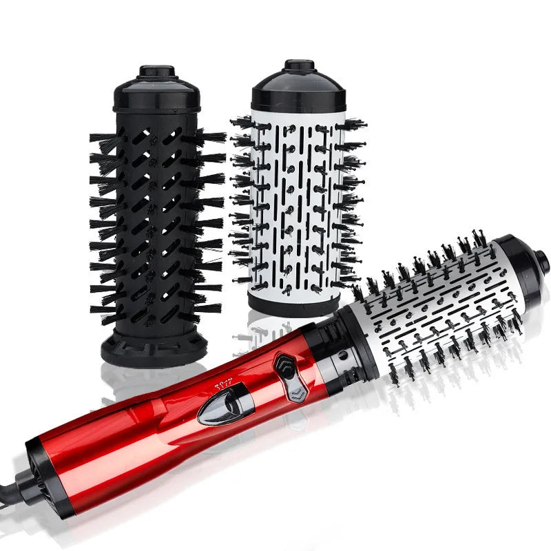 Red hot air hair dryer brush with detachable rotating brush heads and bristles
