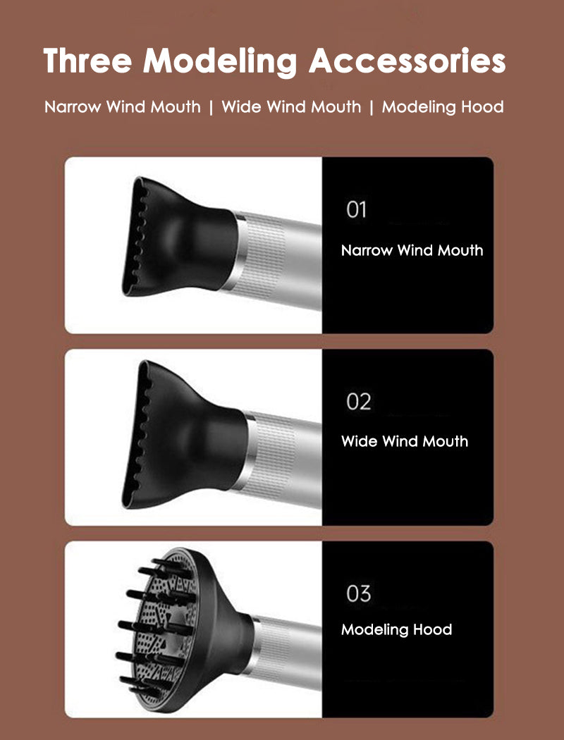 Professional hair dryer with three styling attachments: narrow, wide, and hood