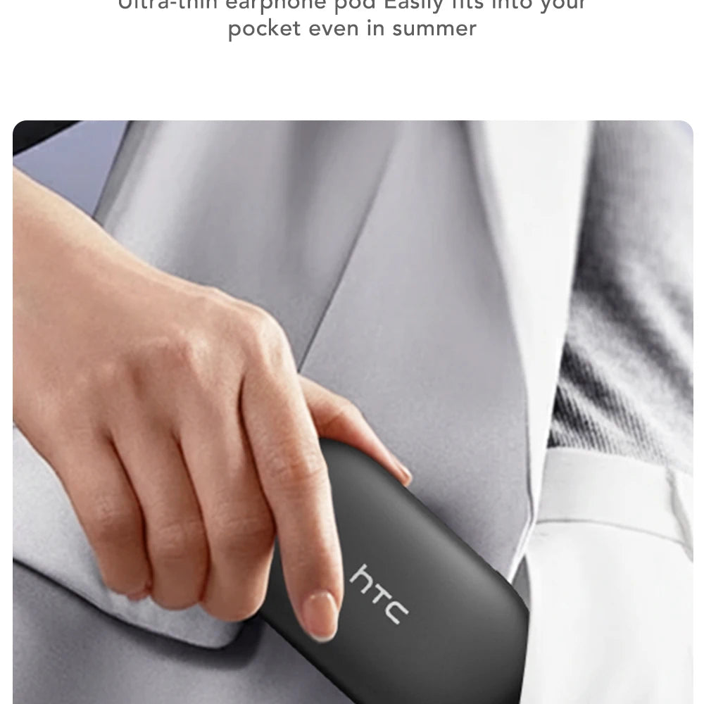Black wireless earbud pod placed into a pocket by a hand