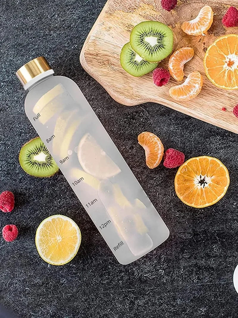 1 Liter Motivational Water Bottle with Time Markers - Sports Hydration Tracker