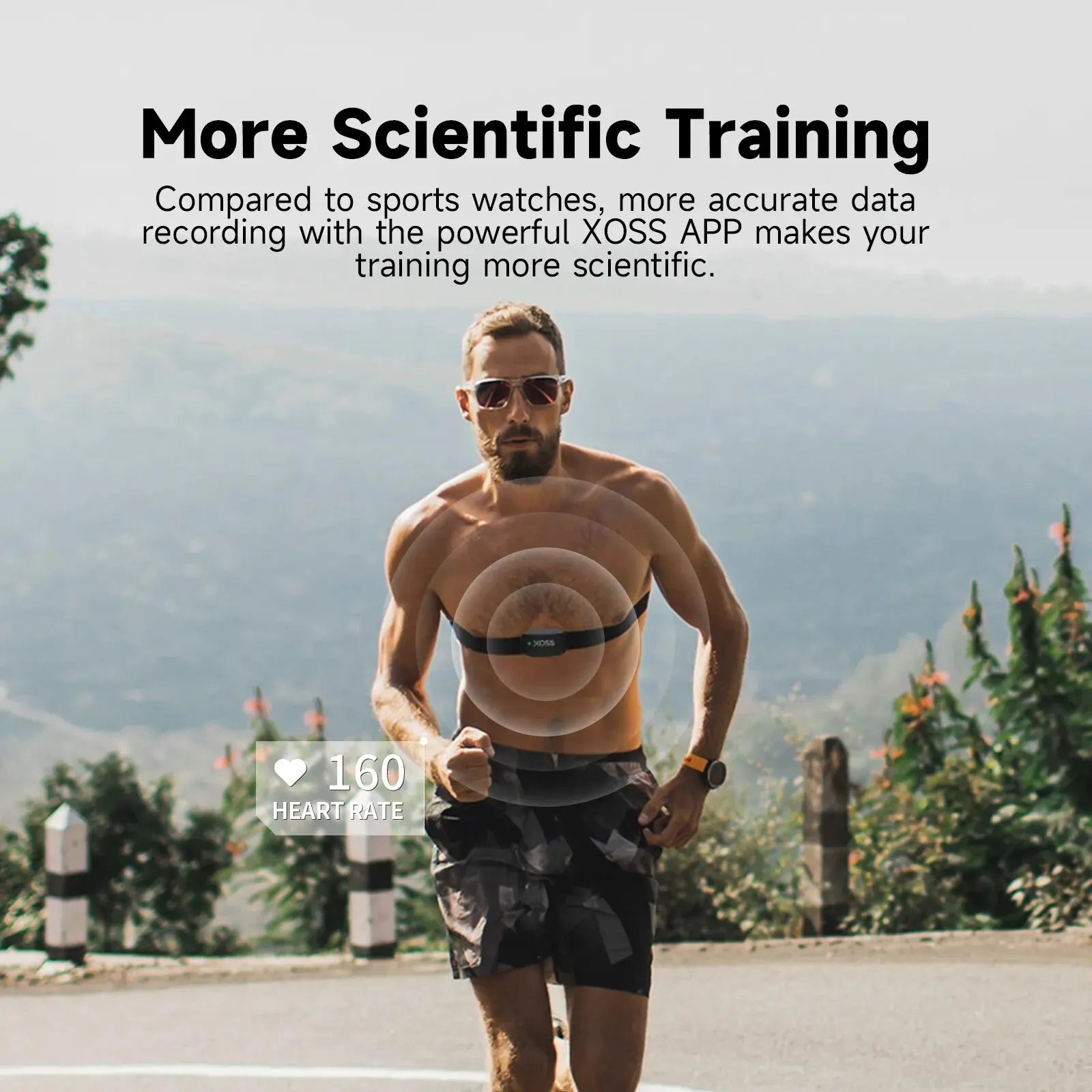 XOSS X2 chest strap heart rate monitor worn by a man during outdoor run, black strap, Bluetooth ANT+
