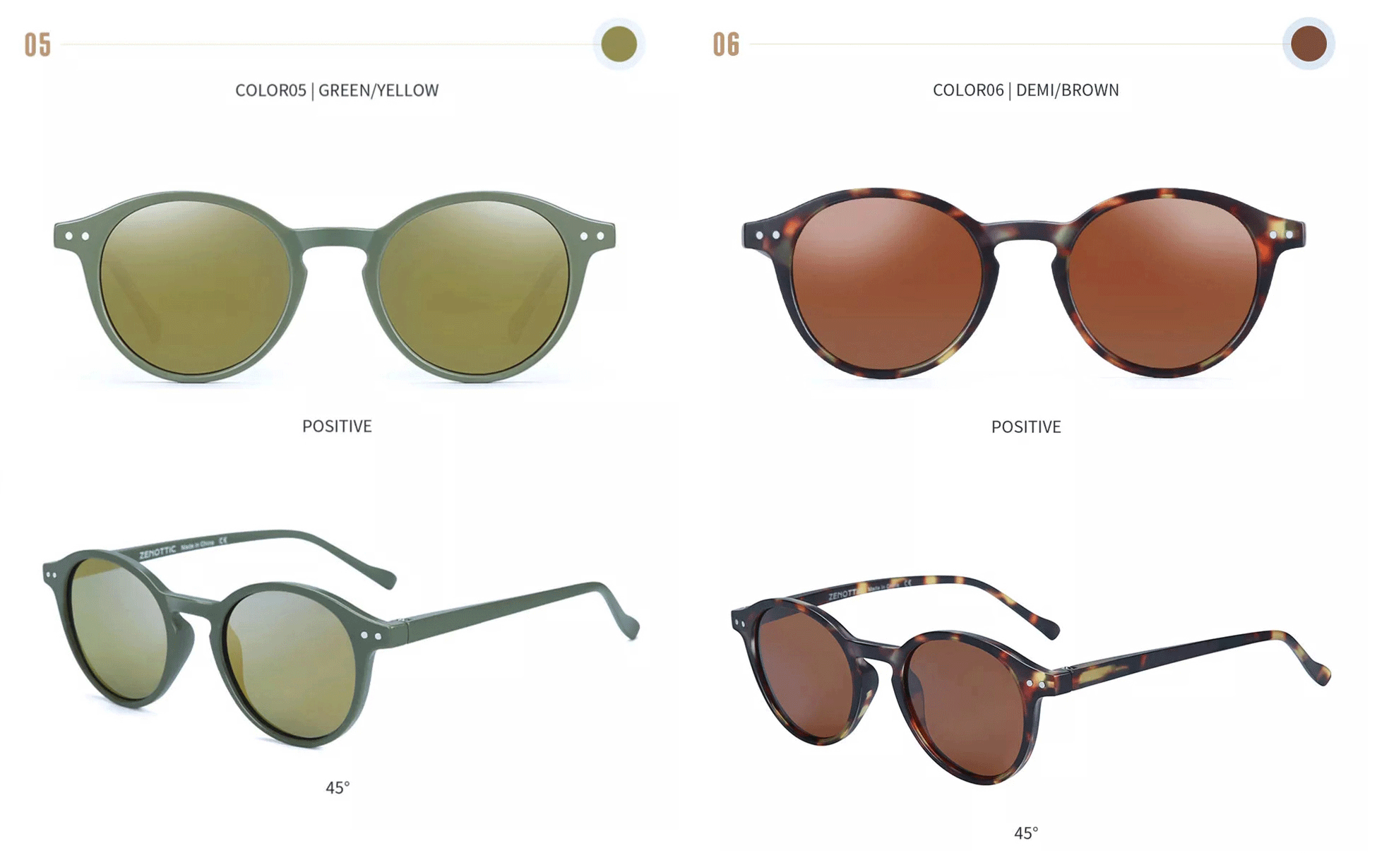 Round sunglasses: green frame with yellow lenses and denim brown frame with amber lenses.