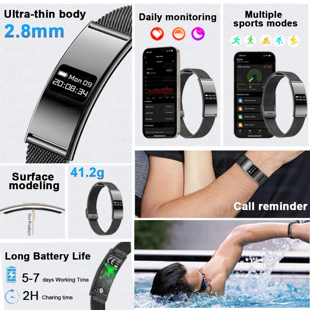 Smart fitness tracker bracelet, metal mesh strap, OLED screen with phone app