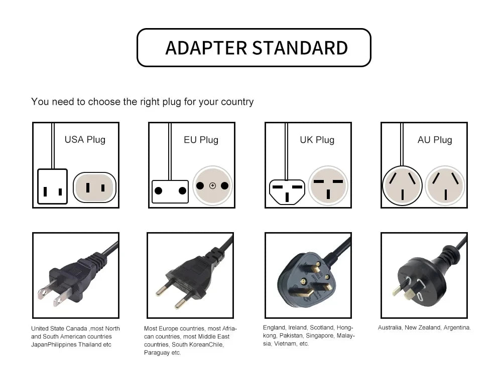 Hair curling kit adapter standard showing US, EU, UK, and AU plug options