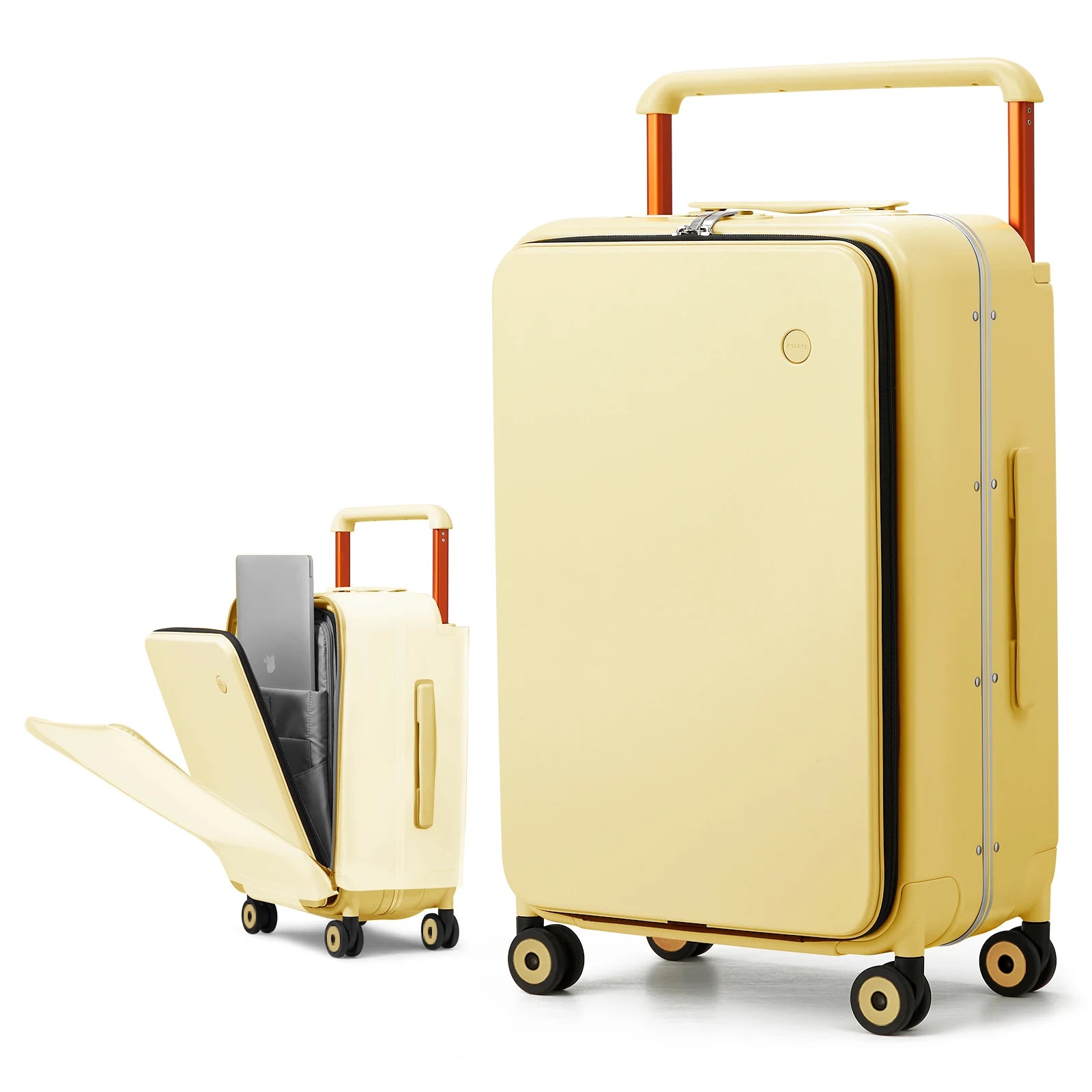Light yellow carry-on suitcase with telescoping handle, wheels, and open side compartment