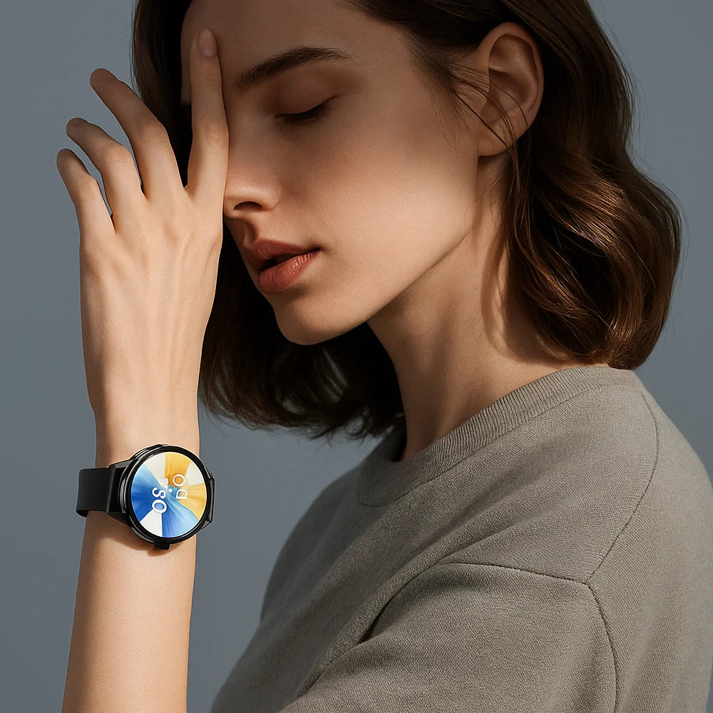 LAXASFIT GT2 smart watch on a woman's wrist; round touchscreen with black strap and colorful dial