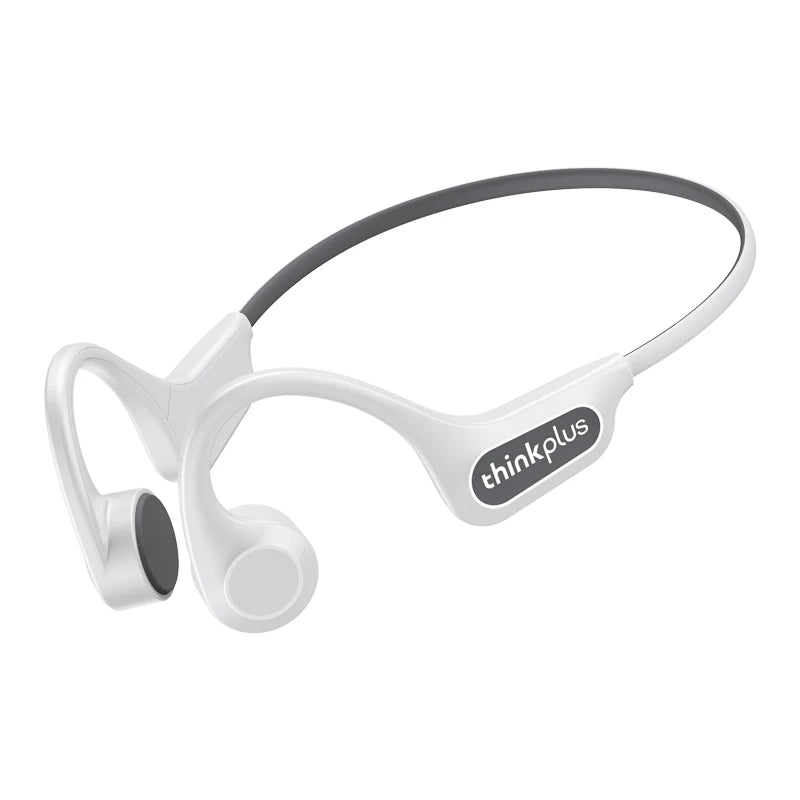 Bone conduction headphones in white with curved neckband and ear hook
