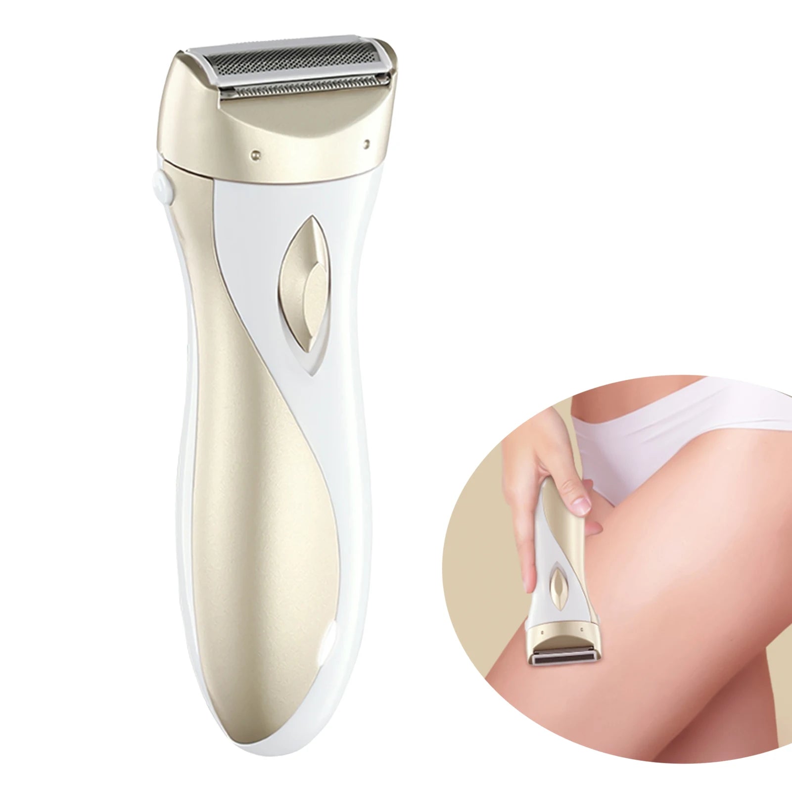 Rechargeable epilator in cream with rectangular metal shaving head, handheld body