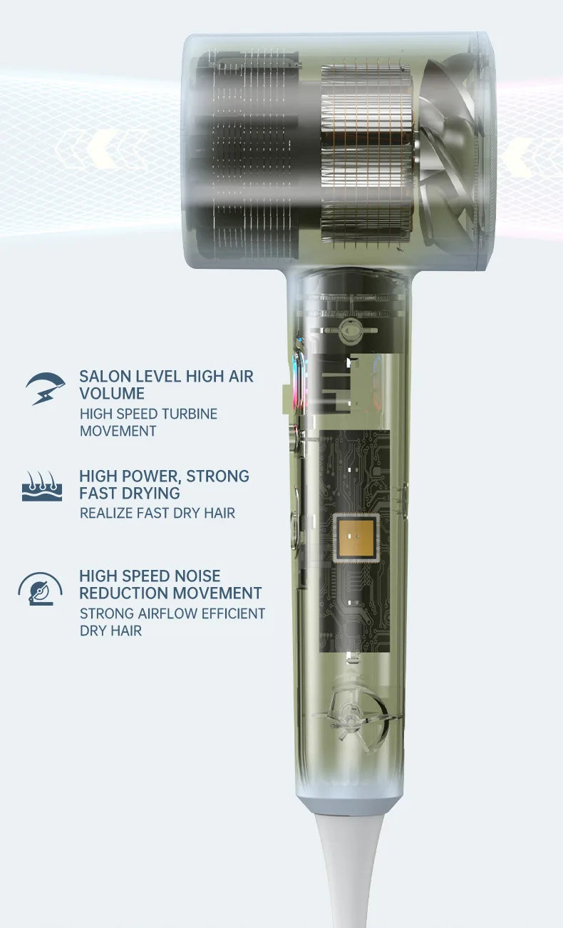 Hair dryer with transparent turbine window and concentrator nozzle, front view