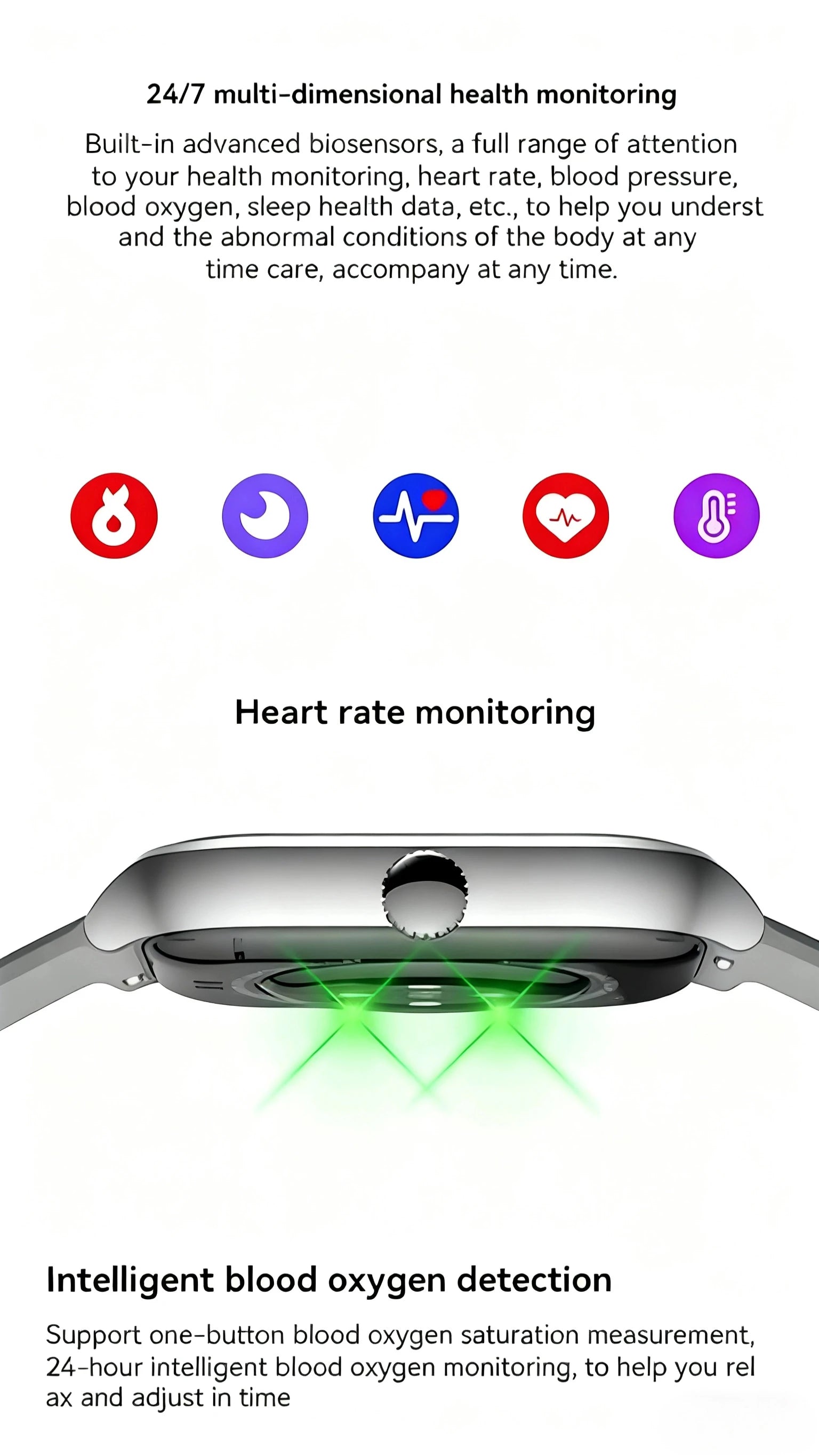 Smartwatch heart rate monitoring on screen with glowing sensor highlight