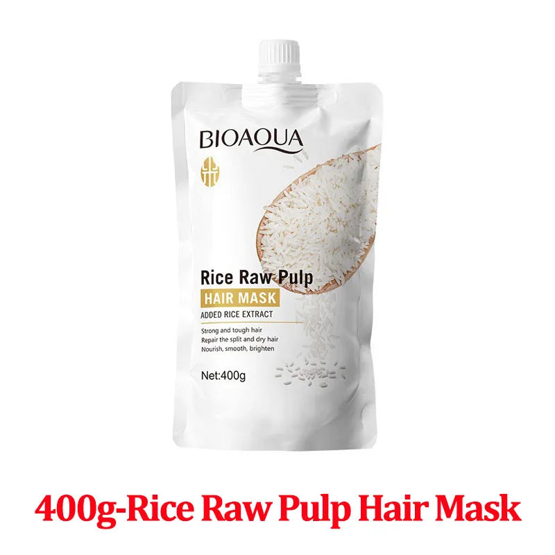 Rice Raw Pulp Hair Mask pouch by BioAQUA, 400g, hair treatment.