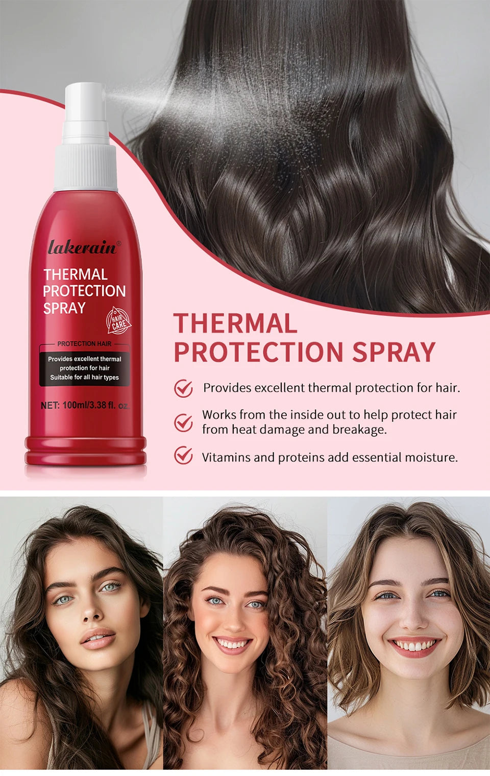 Lakerain Thermal Protection Spray bottle, pink 100 ml, hair treatment, three models shown