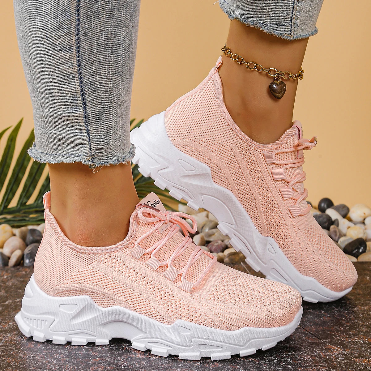 Women's breathable mesh athletic sneakers Cedar & Moore with pink upper and thick white soles