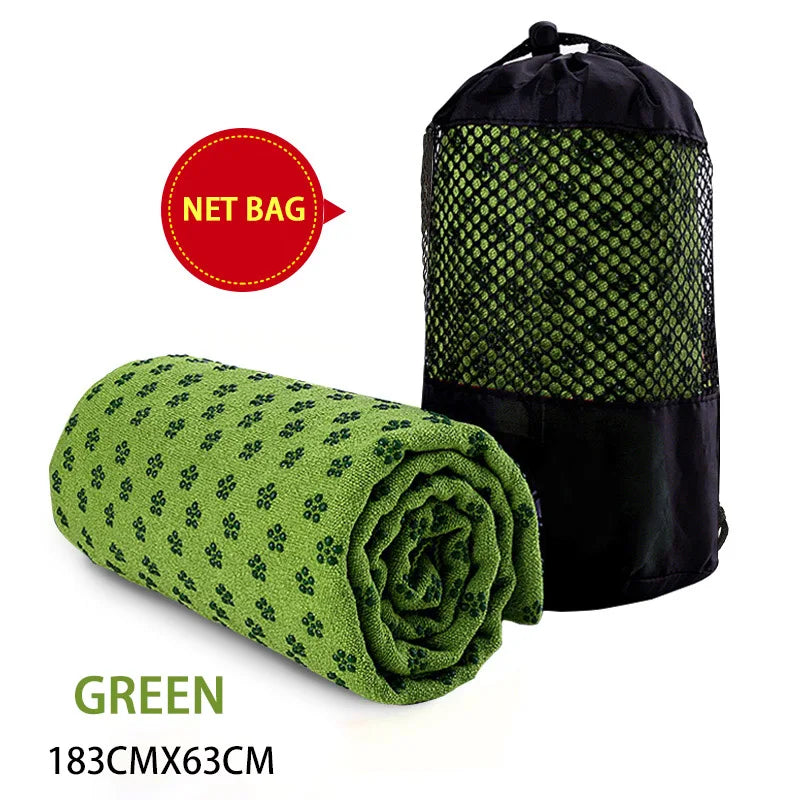 Non-Slip green yoga towel 183x63cm with net bag for hot yoga, Pilates & meditation