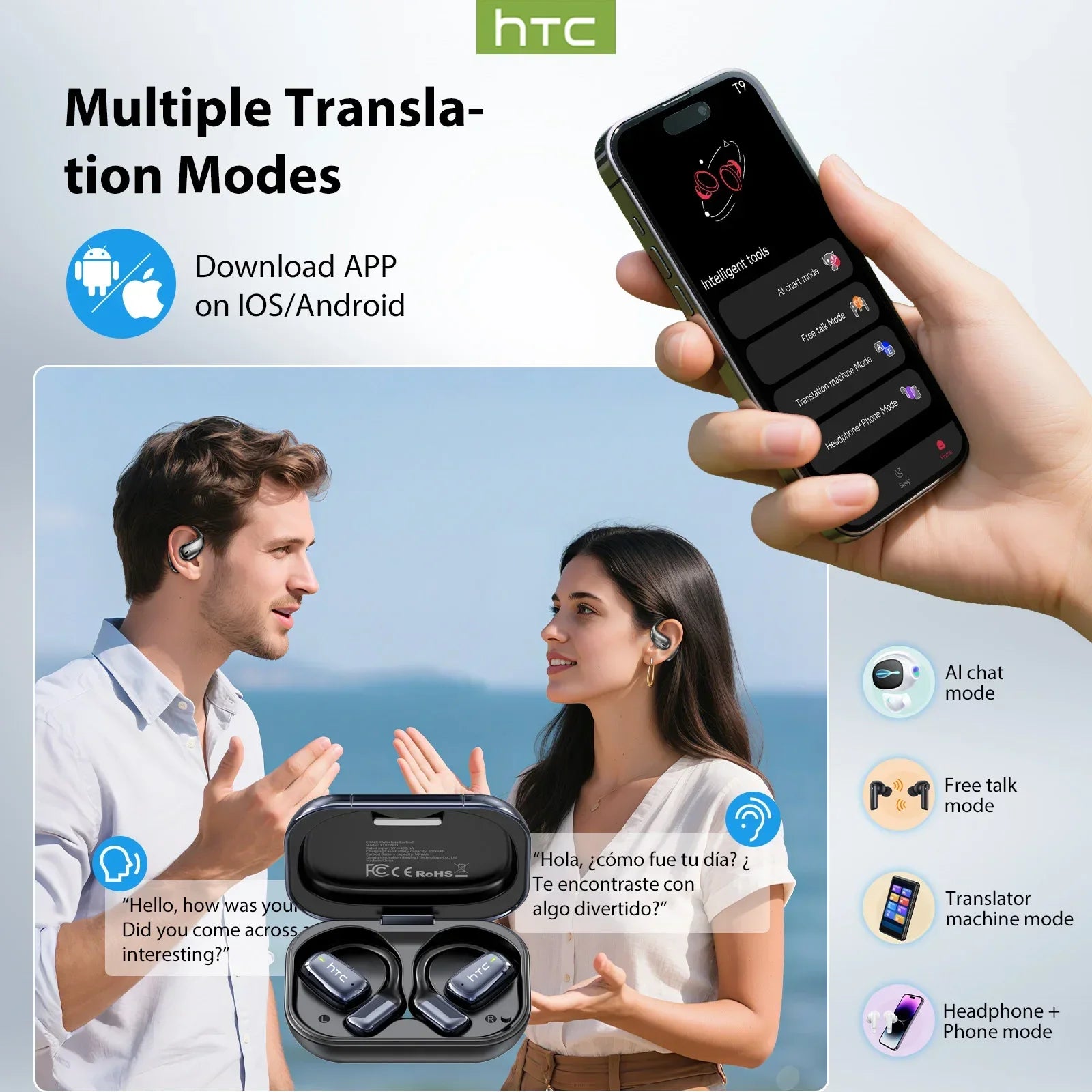 Black earbuds with charging case and smartphone showing translation app screens