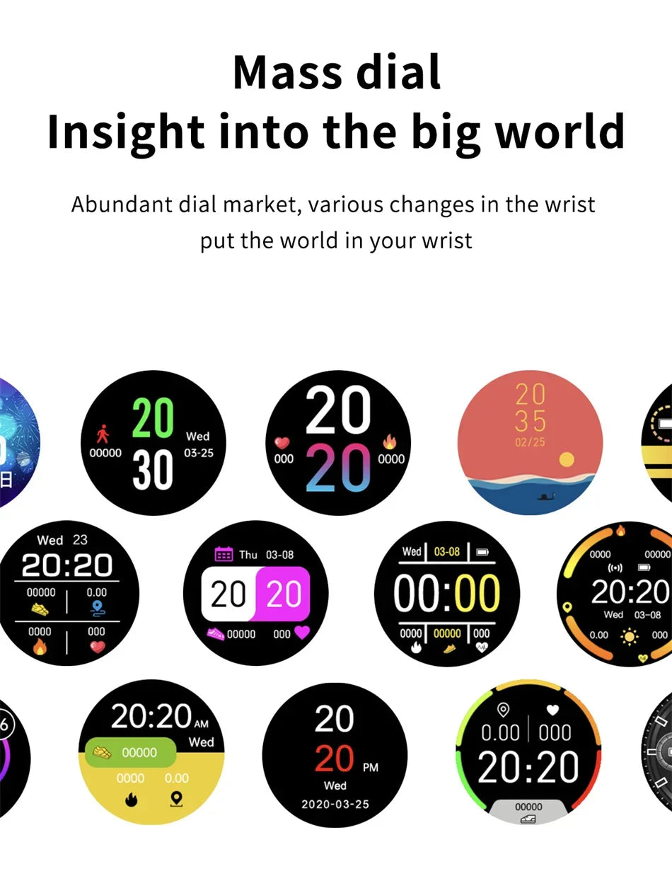 KaiAqua X27 Fitness Smart Watch by Cedar & Moore; collage of round AMOLED smartwatch faces