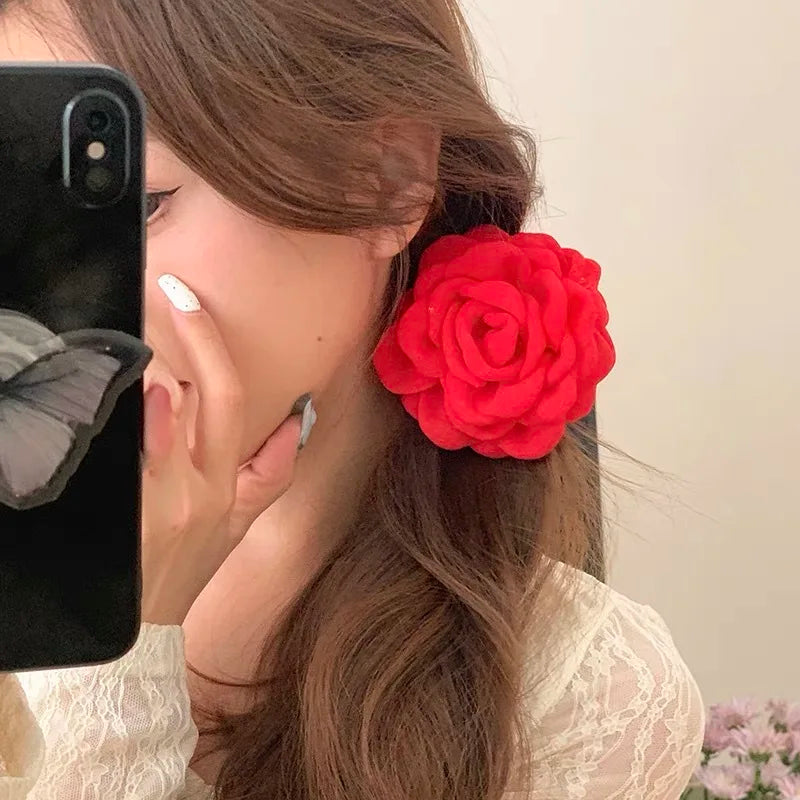 Red fabric rose hair claw clip barrette