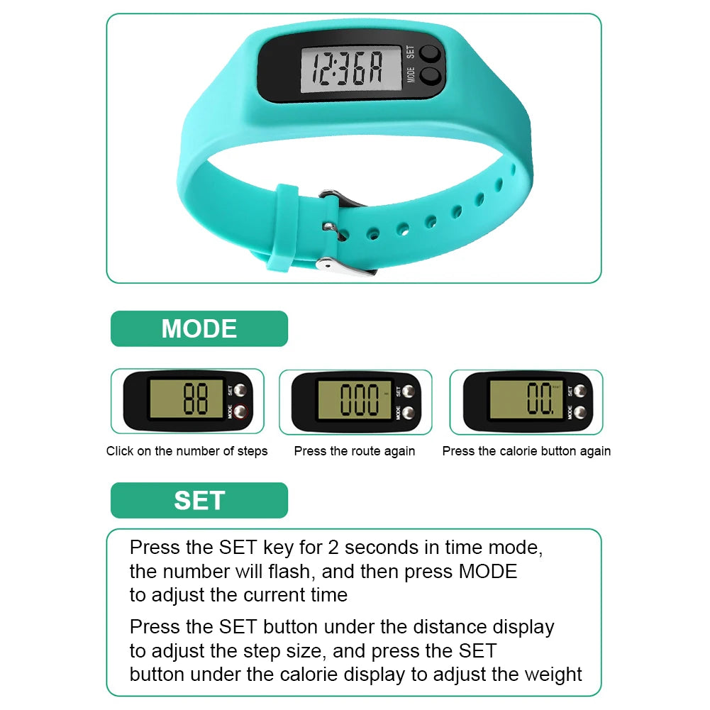 LED Pedometer Bracelet - Step Counter Watch with Calorie Tracker & 12/24H Display