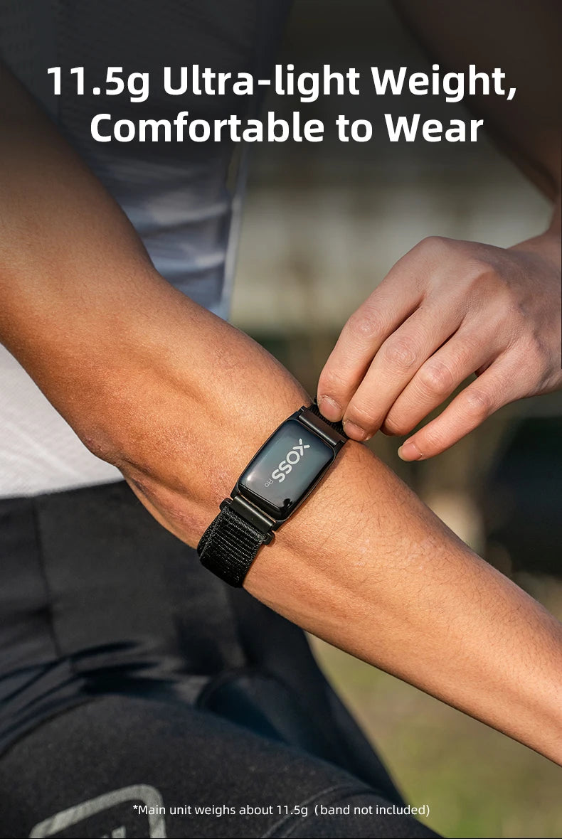 XOSS BBP Bluetooth ANT+ heart rate monitor armband on wrist, black strap