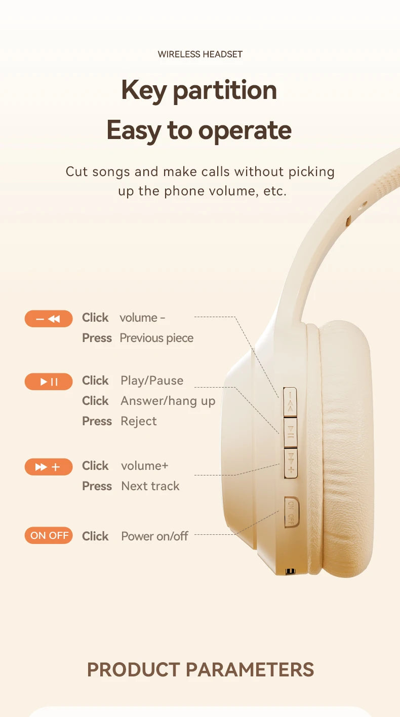 Over-ear wireless Bluetooth headphones side controls and ports on cream ear cup.
