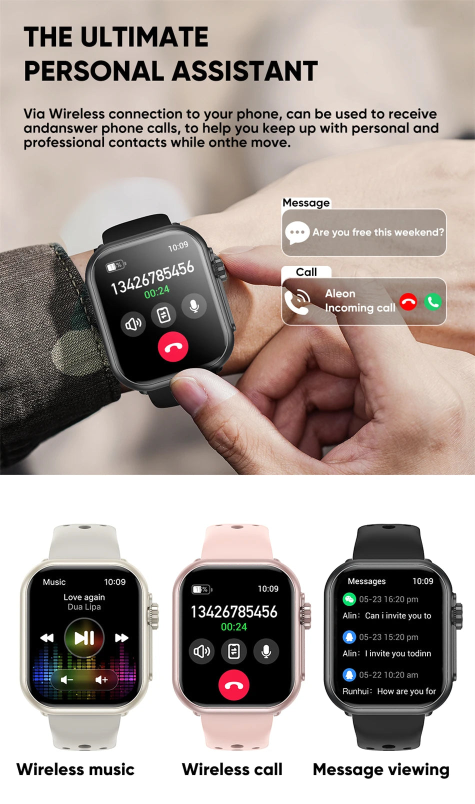 Smart Watch Cedar & Moore 1.96-inch AMOLED; Bluetooth calling, wireless music, messages in white, pink, black colors
