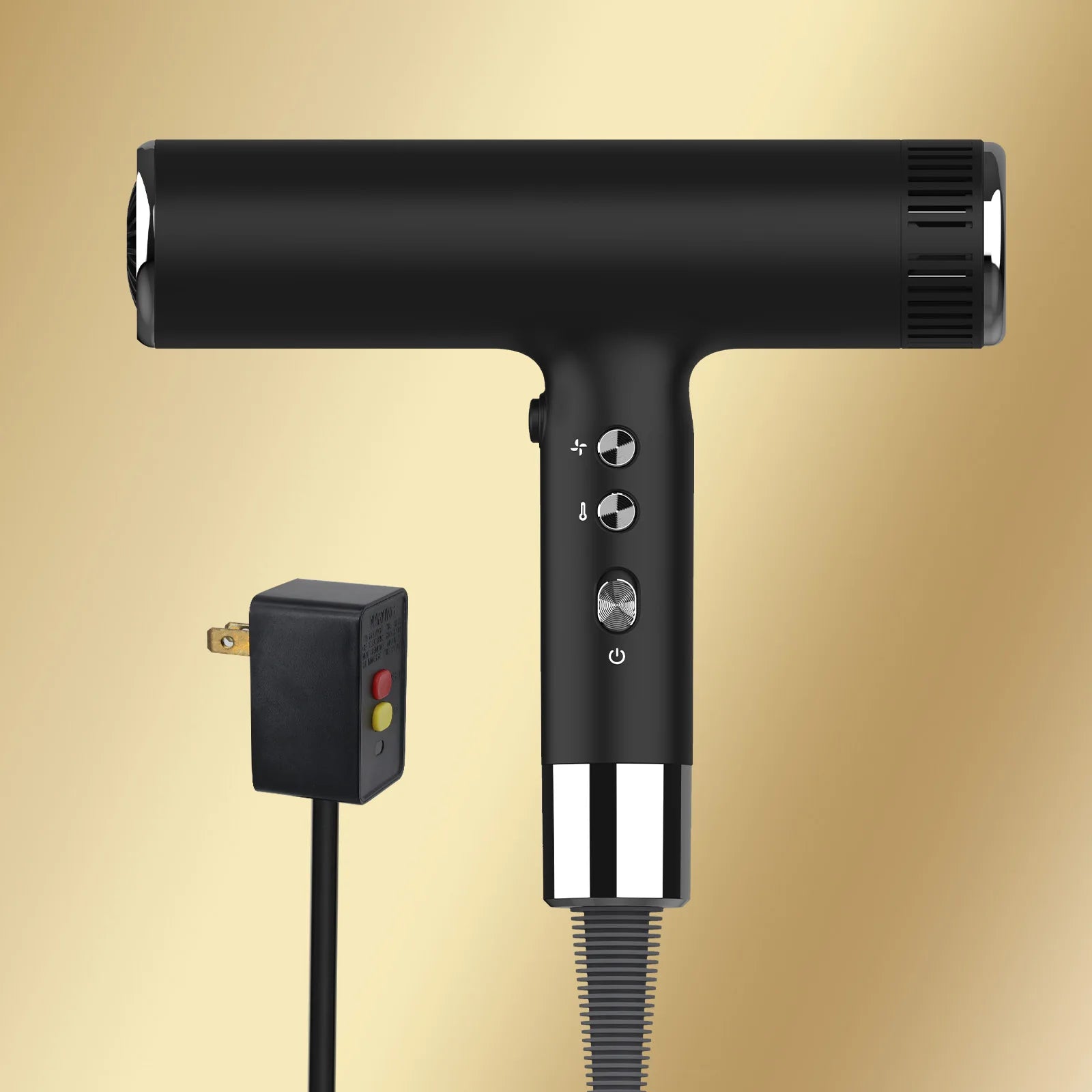Black professional hair dryer with ALCI safety plug adapter and cord