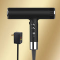 Compact black hair dryer with US plug safety module and controls
