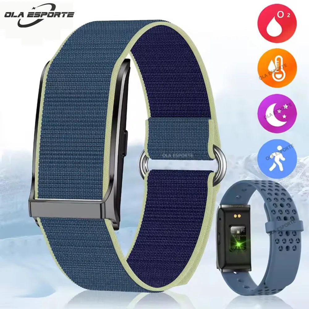 Blue and dark navy fabric smart fitness tracker bracelet with clasp and watch body