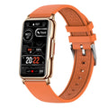 Smartwatch with orange silicone band and gold case, black screen