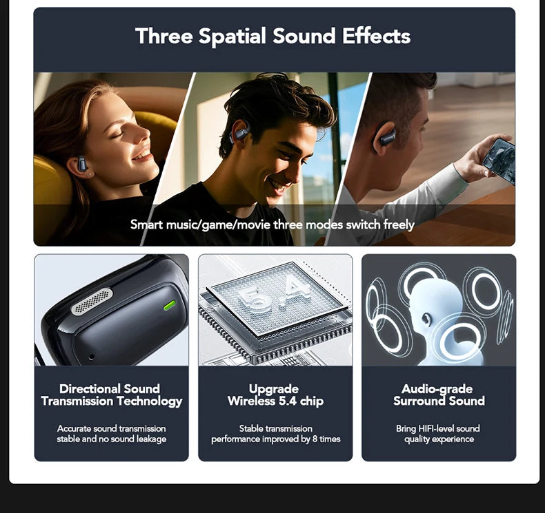 Black earbuds and charging case with LCD screen for spatial sound modes