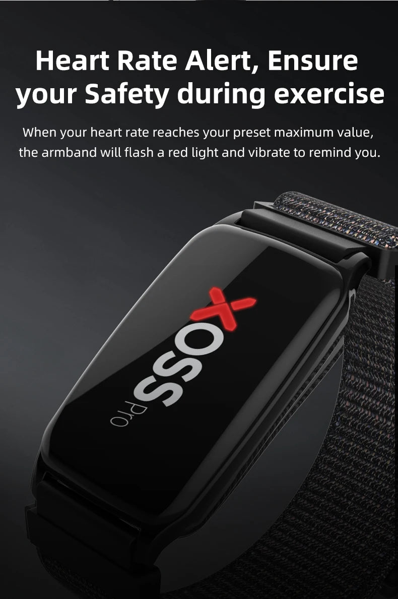 XOSS Pro Bluetooth ANT+ heart rate monitor armband on black fabric strap