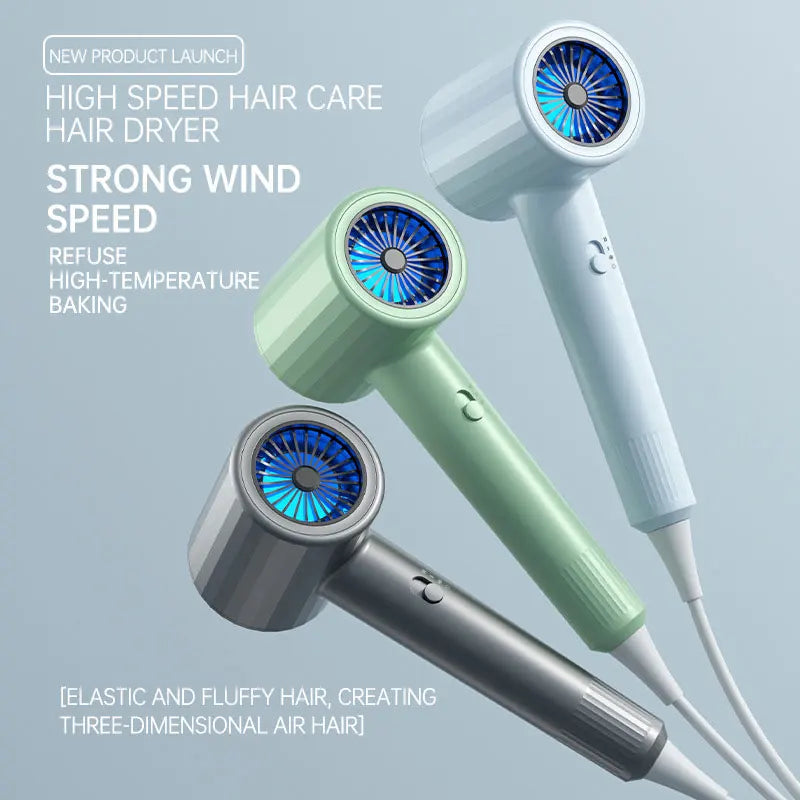 Three hair dryers in green, gray, and light blue with circular vent grilles