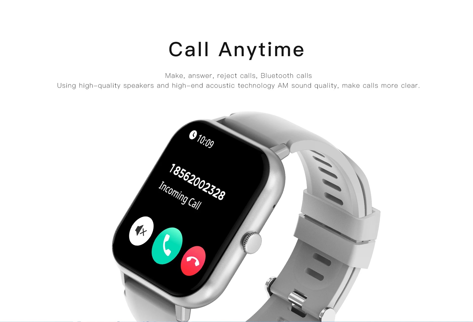 Smartwatch with silver case and light gray strap, showing an incoming call screen