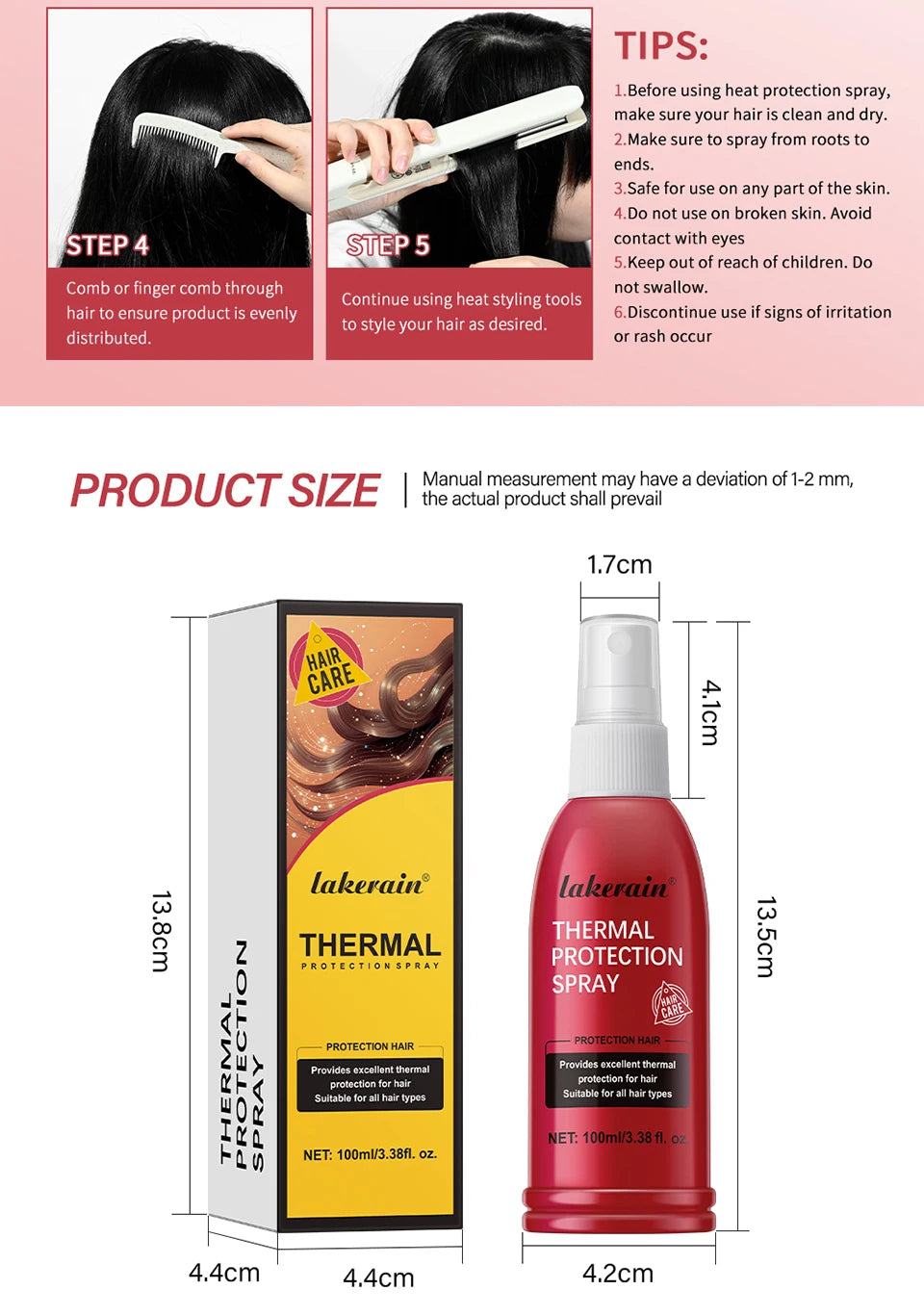 Lakerain Thermal Protection Spray bottle and box, red bottle with yellow packaging, 100 ml