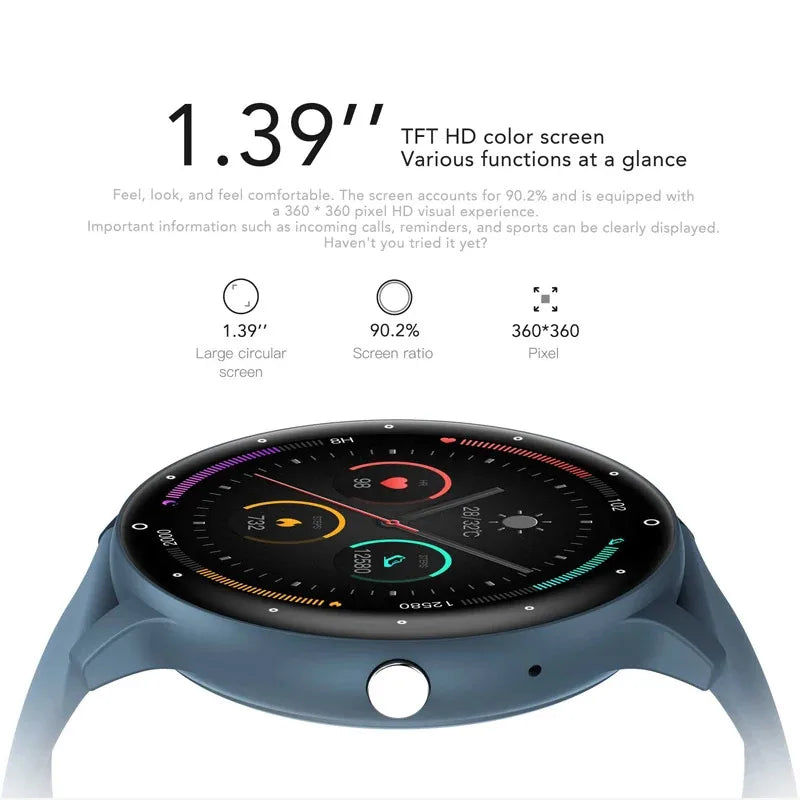KaiAqua X27 Cedar & Moore smart watch with blue silicone strap and 1.39-inch TFT HD round display