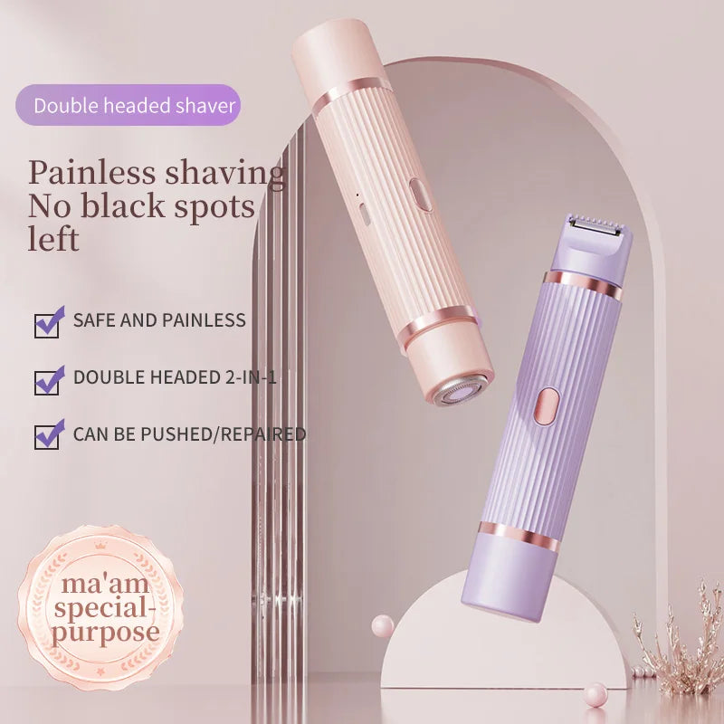 2-in-1 electric hair trimmer and shaver with dual heads, rose and purple handheld units