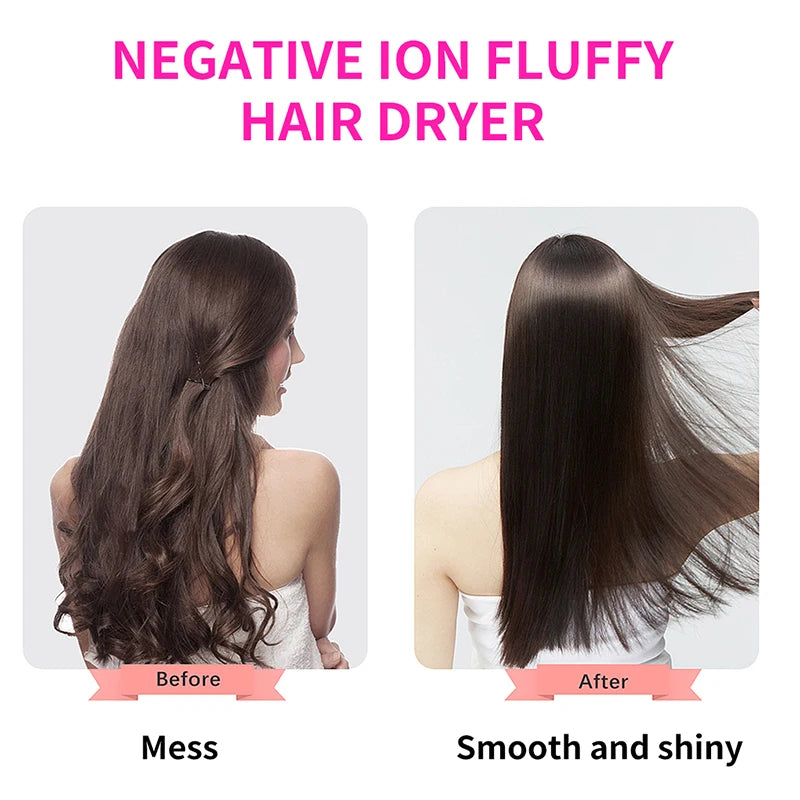 Smooth, shiny hair results shown in a before-and-after layout from a hot air brush dryer