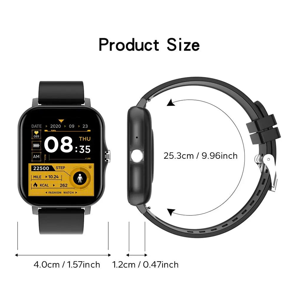 Black mini smart watch with black strap, screen shows date, time, and step count