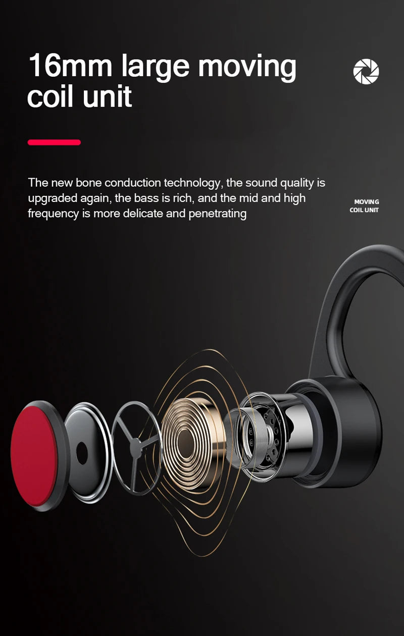 Bone conduction sports headphones with black ear hooks and round red driver module