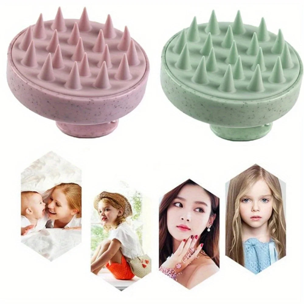 Silicone scalp massage brush heads in pink and green, round spiked massage surfaces
