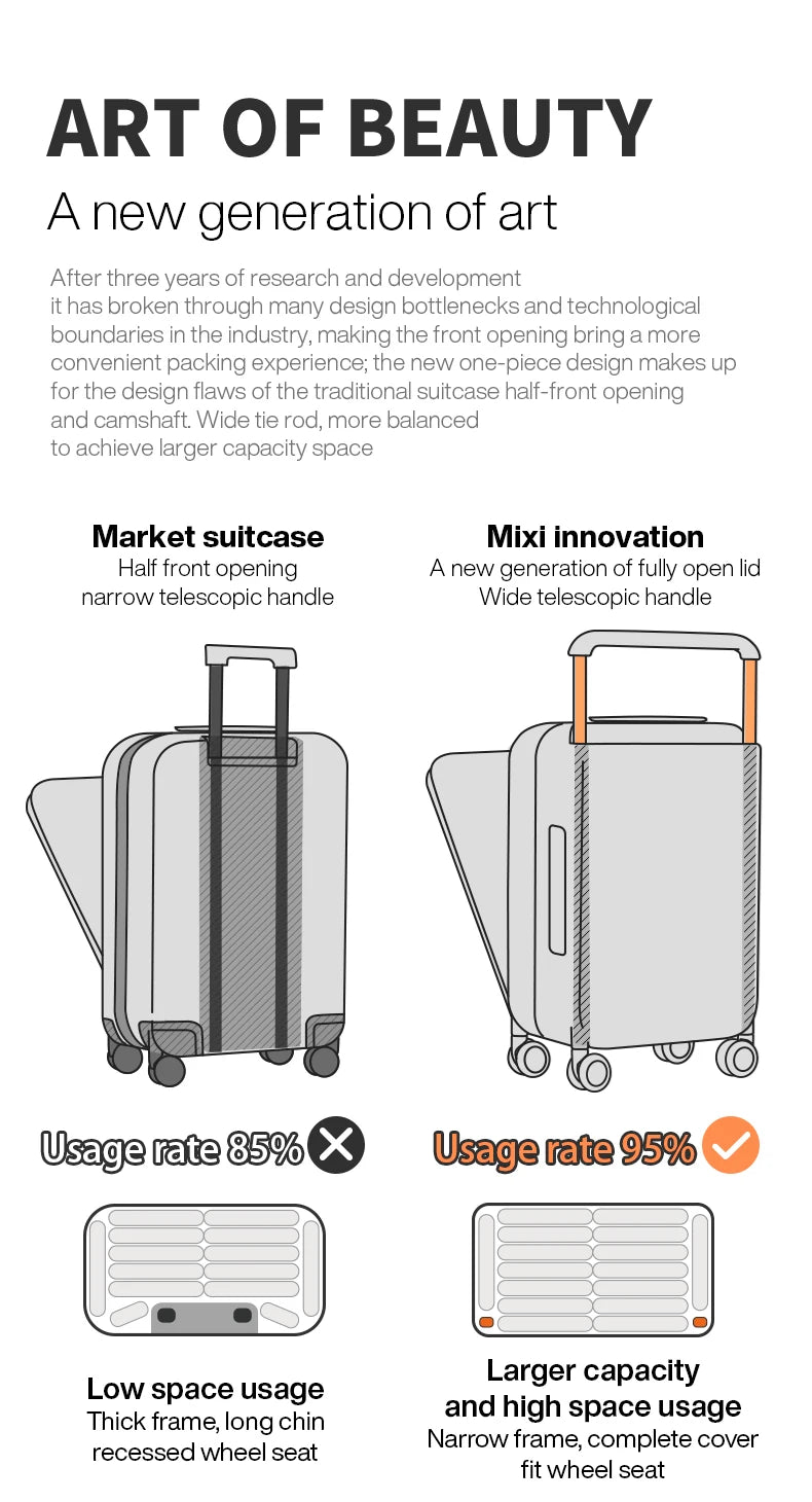 Carry-on trolley suitcase with side handles, gray fabric shell and four spinner wheels