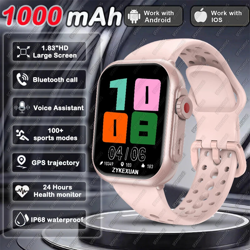 Smart watch with pink silicone strap and 1.96-inch AMOLED display, Bluetooth calling and health monitoring
