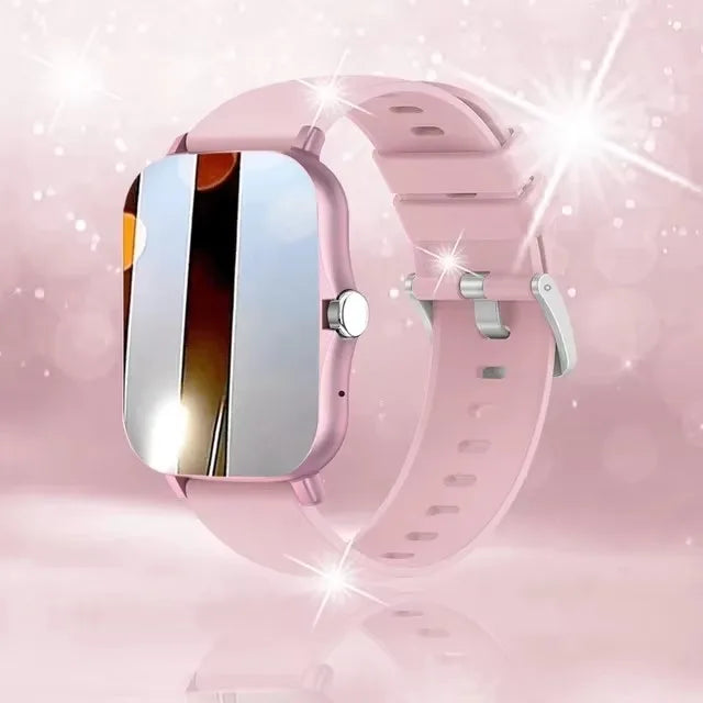 Multifunctional smart watch with pink silicone strap and 1.4-inch OLED display
