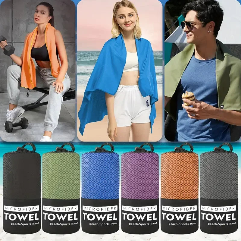 Orange microfiber yoga towel draped over exerciser’s shoulders