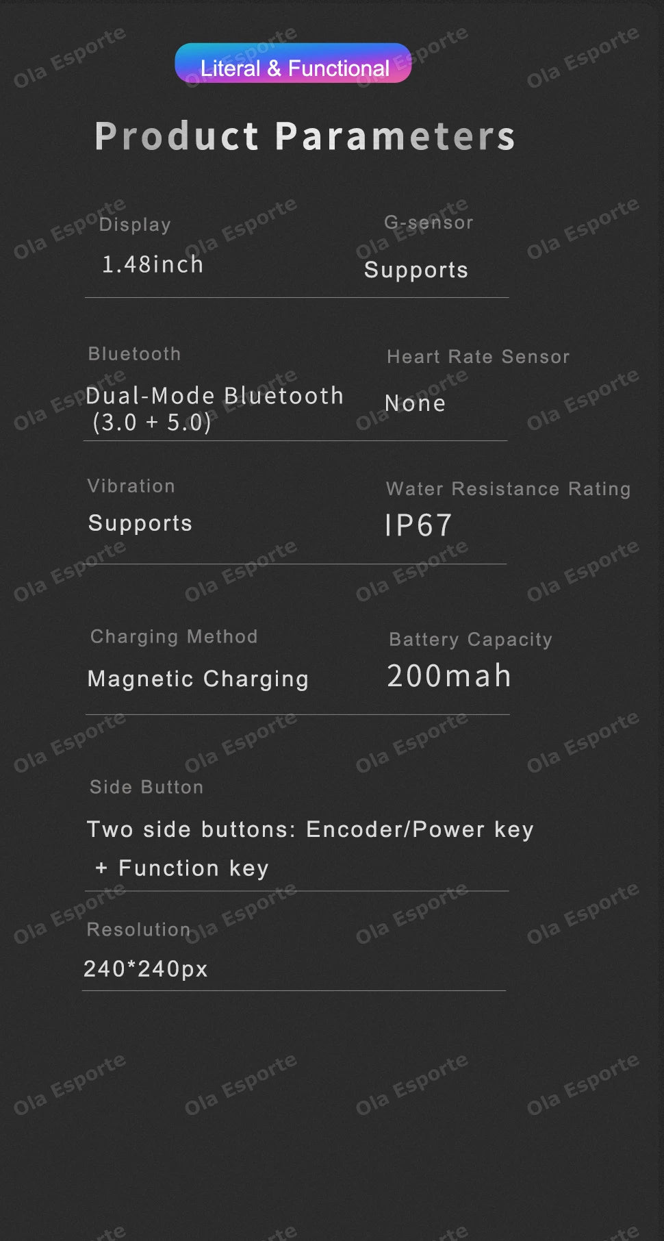 Smart Watch parameters card: 1.48-inch display, IP67, magnetic charging, 200mAh, Bluetooth 3.0+5.0, 240*240px